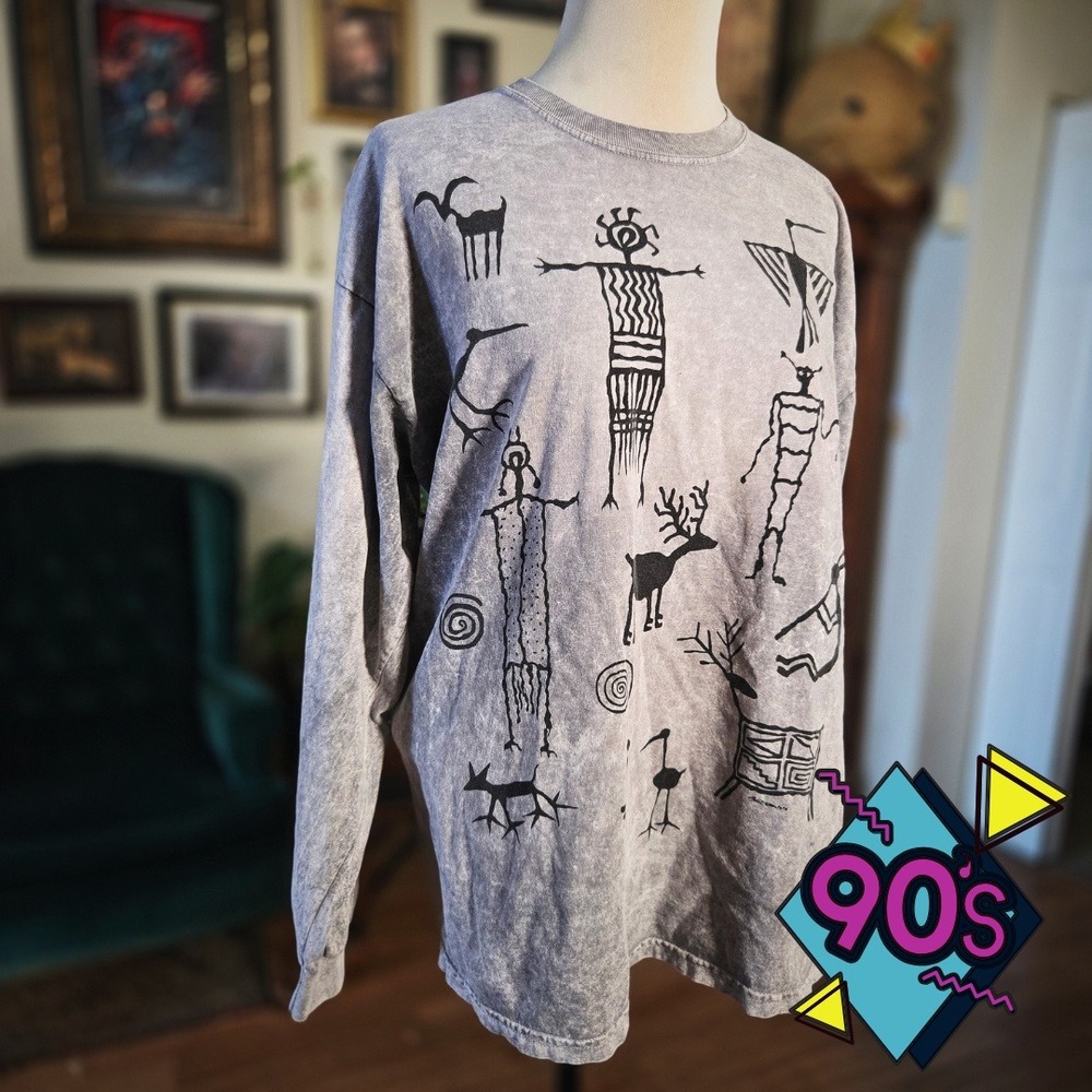 Gildan Long Sleeve Tee Vintage 90s Graphic Tribal Art Acid Wash XL